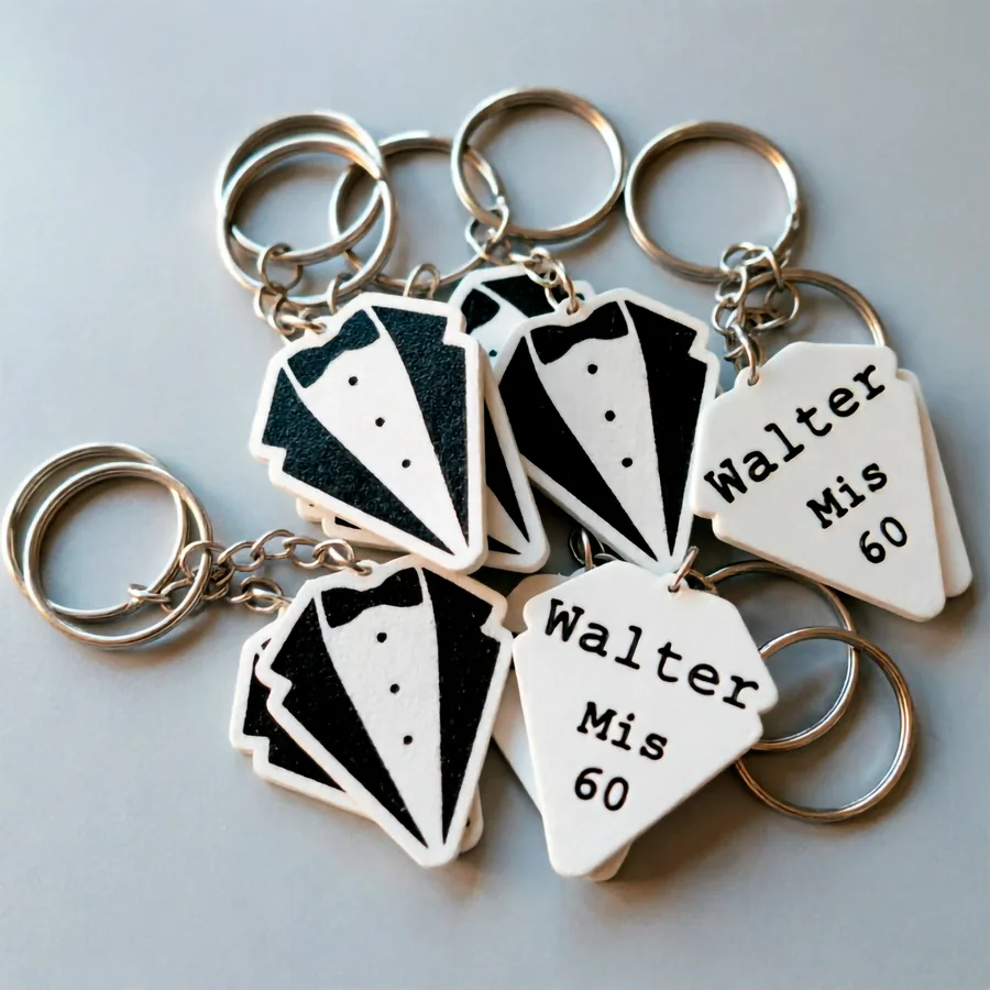 Llaveros con forma de frac y el nombre Walter, para un cumpleaños de 60