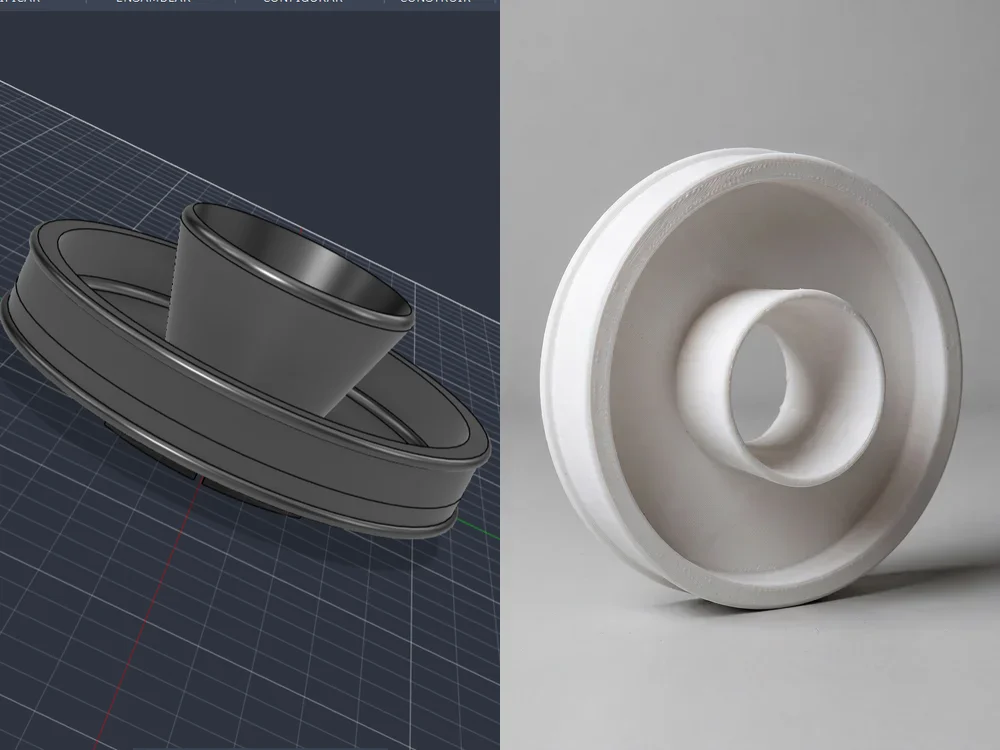Venturi: a la izquierda el diseño en Fusion 360, a la derecha la pieza impresa